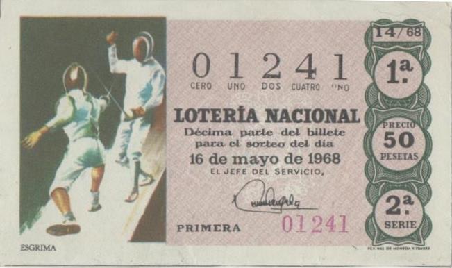 Loteria E00011: Hoja nº 3. Loteria Nacional. Nº 01241, serie 2ª, fracción 1ª, precio 50 pesetas, sorteo 14/68 del 16 de Mayo de 1968. Esgrima