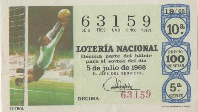 Loteria E00014: Hoja nº 3. Loteria Nacional. Nº 63159, serie 5ª, fracción 10ª, precio 100 pesetas, sorteo 19/68 de 5 de Julio de 1968. Futbol