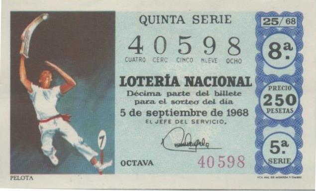 Loteria E00019: Hoja nº 4. Loteria Nacional. Nº 40598, serie 5ª, fracción 8ª, precio 250 pesetas, sorteo 25/68 del 5 de Septiembre de 1968. Pelota