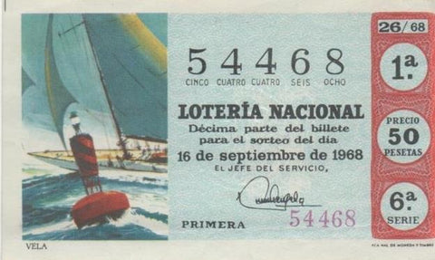 Loteria E00020: Hoja nº 4. Loteria Nacional. Nº 54468, serie 6ª, fracción 1ª, precio 50 pesetas, sorteo 26/68 del 16 de Septiembre de 1968. Vela