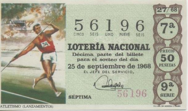 Loteria E00021: Hoja nº 4. Loteria Nacional. Nº 56196, serie 9ª, fracción 7ª, precio 50 pesetas, sorteo 27/68 de 25 de Septiembre de 1968. Atletismo (lanzamientos)