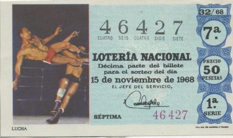 Loteria E00024: Hoja nº 4. Loteria Nacional. Nº 46427, serie 1ª, fracción 7ª, precio 50 pesetas, sorteo 32/68 del 15 de Noviembre de 1968. Lucha