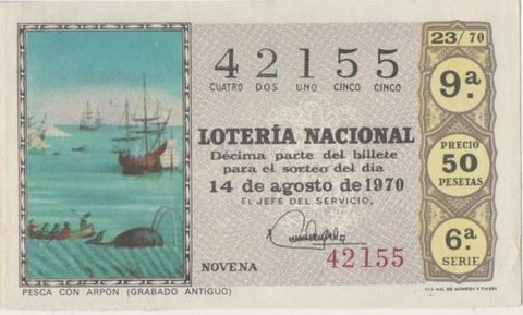 Loteria E00081: hoja nº 8. Loteria Nacional. Nº 42155, serie 6ª, fracción 9ª, precio 50 pesetas, sorteo 23/70 del 14 de Agosto de 1970. Pesca con arpón (gravado antiguo)