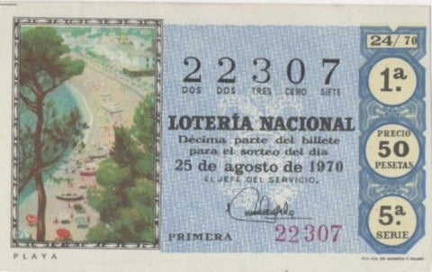 Loteria E00082: hoja nº 8. Loteria Nacional. Nº 22307, serie 5ª, fracción 1ª, precio 50 pesetas, sorteo 24/70 del 25 de Agosto de 1970. Playa