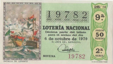 Loteria E00086: hoja nº 8. Loteria Nacional. Nº 19782, serie 2ª, fracción 9ª, precio 50 pesetas, sorteo 28/70 del 6 de Octubre de 1970. Batalla de Lepanto