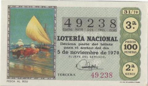 Loteria E00089: hoja nº 9. Loteria Nacional. Nº 49238, serie 2ª, fracción 3ª, precio 100 pesetas, sorteo 31/70 del 5 de Noviembre de 1970. Pesca al Bou