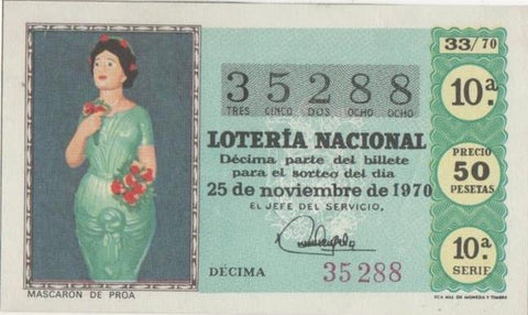 Loteria E00091: hoja nº 9. Loteria Nacional. Nº 35288, serie 10ª, fracción 10ª, precio 50 pesetas, sorteo 33/70 del 25 de Noviembre de 16970. mascarón de Proa