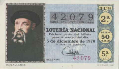 Loteria E00092: hoja nº 9. Loteria Nacional. Nº 42079, serie 5ª, fracción 2ª,precio 50 pesetas, sorteo 34/70 del 5 de Diciembre de 1970. Magallanes