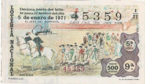 Loteria E00095: hoja nº 9. Loteria Nacional.Nº 45359, serie 5ª, fracción 9ª, precio 500 pesetas, sorteo 1/71 de 5 de Enero de 1971. Paseillo