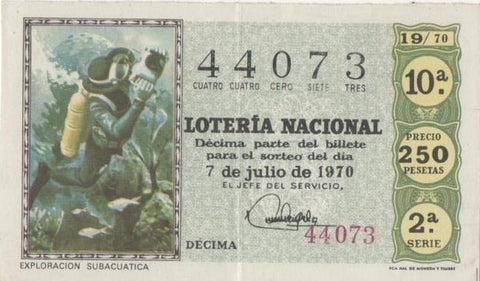 Loteria E00077: hoja nº 8. Loteria Nacional. Nº 44073, serie 2ª, fracción 10ª, precio 250 pesetas, sorteo 19/70 del 7 de Julio de 1970. Exporación subacuatica