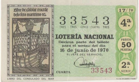 Loteria E00075: hoja nº 8: Loteria Nacional. Nº 33543, serie 2ª, fracción 4ª, precio 50 pesetas, sorteo 17/70. Libro del Consulado del Mar