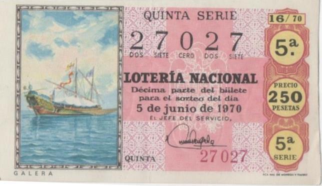 Loteria E00074: hoja nº 9: Loteria Nacional. Nº 27027, serie 5ª, fracción 5ª, precio 250 pesetas, sorteo 16/70 del 5 de Junio de 1970. Galera