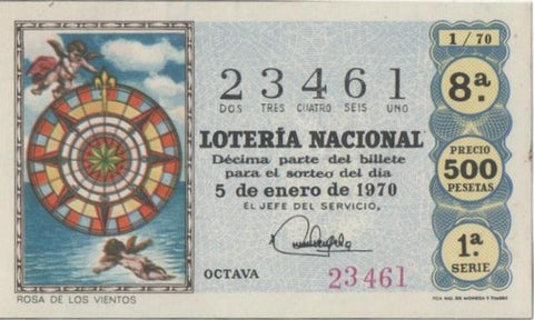 Loteria E00059: hoja nº 7. Loteria Nacional. Nº 23461, serie 1ª, fracción 8ª, precio 500 pesetas, sorteo 1/70 del 5 de Enero de 1970. Rosa de los vientos