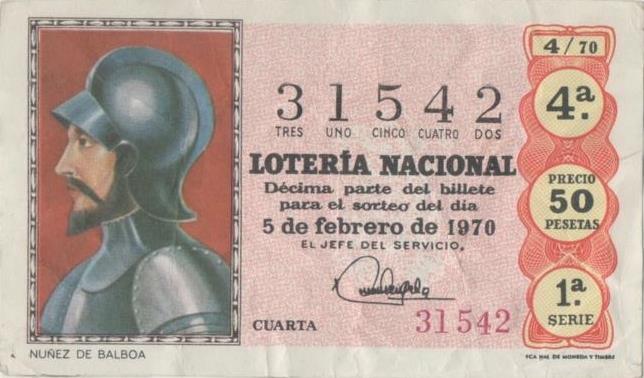 Loteria E00062: hoja nº 7. Loteria Nacional. Nº 21542, serie 1ª, fracción 4ª, precio 50 pesetas, sorteo 4/70 del 5 de Febrero de 1970. Nuñez de Balboa