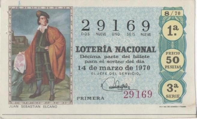 Loteria E00066: hoja nº 7. Loteria Nacional. Nº 29169, serie 3ª, fracción 1ª, precio 50 pesetas, sorteo 14 de Mrzo de 1970. Juan Sebstián el Cano