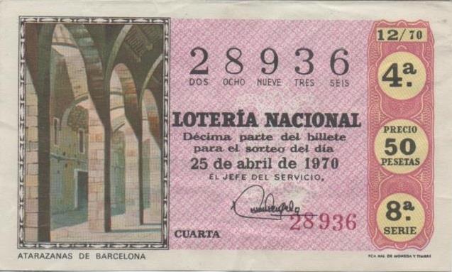 Loteria E00070: hoja nº 7. Loteria Nacional. Nº 28936, serie 8ª, fracción 4ª, precio 50 pesetas, sorteo 12/70 del 25 de Abril de 1970. Atarazanas de Barcelona