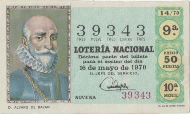 Loteria E00072: hoja nº 8. Loteria Nacional. Nº 39343, serie 10ª, fracción 9ª, precio 50 pesetas, sorteo 14/70 del 16 de Mayo de 1970. D. Alvaro de Bazan