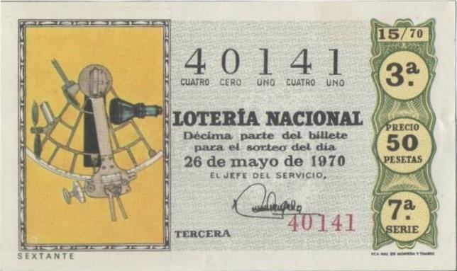 Loteria E00073: hoja nº 8. Loteria Nacional. Nº 40141, serie 7ª, fracción 3ª, precio 50 pesetas, sorteo 152/70 del 26 de Mayo de 1970. Sextante