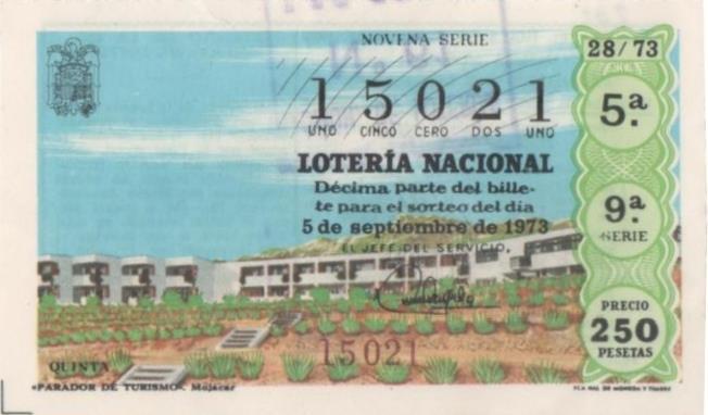 Loteria E00202: hoja nº 16. Loteria Nacional. Nº 15021, serie 9ª, fracción 5ª, precio 250 pesetas, sorteo 28/73 del 5 de Septiembre de 1973. Paradao de Turismo. Mojacar