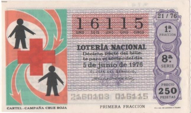 Loteria E00329: hoja nº 24. Loteria Nacional. Nº 16115, serie 8ª, fracción 1ª, precio 250 pesetas, sorteo 21/76 del 5 de Junio de 1976. Cartel. Campaña Cruz Roja