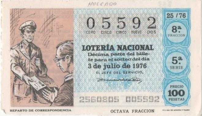 Loteria E00333: hoja nº 24. Loteria Nacional. Nº 05592, serie 5ª, fracción 8ª,precio 100 pesetas, sorteo 25/76 del 3 de Julio de 1976. Reparto de Correspondencia