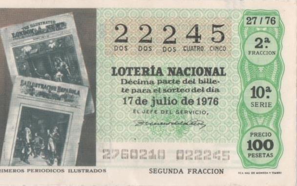 Loteria E00335: hoja nº 24. Loteria Nacional. Nº 22245, serie 10ª, fracción 2ª, precio 100 pesetas, sorteo 27/76 del 17 de Julio de 1976, Primeros periodicos ilustrados