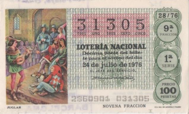 Loteria E00336: hoja nº 24. Loteria Nacional. Nº 31305, serie 1ª, fracción 9ª, precio 100 pesetas, sorteo 28/76 del 24 de Julio de 1976. Juglar