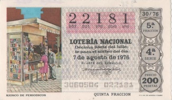 Loteria E00338: hoja nº 24. Loteria Nacional. Nº 22181, serie 4ª, fracción 5ª, precio 200 pesetas, sorteo 30/76 de 7 de Agosto de 1976. kiosco de periodicos