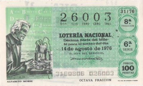 Loteria E00339: hoja nº 24. Loteria Nacional. Nº 26003, serie 6ª, fracción 8ª, precio 100 pesetas, sorteo 31/76 del 14 de Agosto de 1976. alfabeto Morse