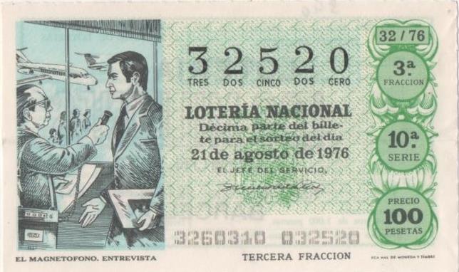 Loteria E00340: hoja nº 24. Loteria Nacional. Nº 32520, serie 10ª, fracción 3ª, precio 100 pesetas, sorteo 32/76 del 21 de Agosto de 1976. El Magnetofono. Entrevista