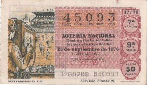 Loteria E00345: hoja nº 25. Loteria Nacional. Nº 45093. serie 9ª, fracción 7ª, precio 50 pesetas, sorteo 37/76 del 25 de Septiembre de 1976. Retrasmisión en T. V.