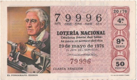 Loteria E00328: hoja nº 24. Loteria Nacional. Nº 79996, serie 9ª, fracción 4ª, precio 50 pesetas, sorteo 20/76 del 29 de Mayo de 1976. El Fonografo. Edison