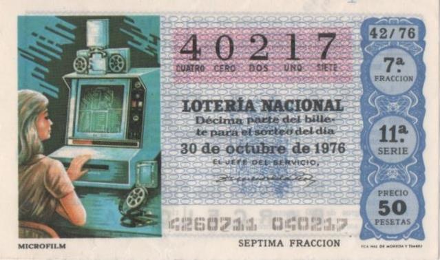 Loteria E00350: hoja nº 25. Loteria Nacional. Nº 40217, serie 11ª, fracción 7ª, precio 50 pesetas, sorteo 42/76, del 30 de octubre de 1976. Microfilm