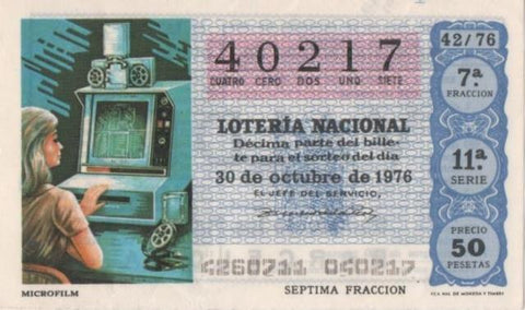 Loteria E00350: hoja nº 25. Loteria Nacional. Nº 40217, serie 11ª, fracción 7ª, precio 50 pesetas, sorteo 42/76, del 30 de octubre de 1976. Microfilm