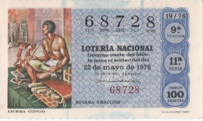 Loteria E00327: hoja nº 24. LoteriaNacional. Nº 68728, serie 11ª, fracción 9ª, precio 100 pesetas, sorteo 19/76 del 22 de Mayo de 1976. Escriba Egipcio