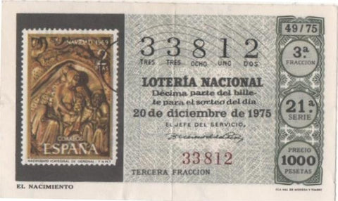 Loteria E00308: hoja nº 22. Loteria Nacional. Nº 33812, serie 21ª, fracción 3ª, precio 1000 pesetas, sorteo 49/75 del 20 de Diciembre de 1975. El Nacimiento