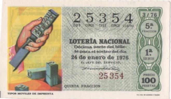 Loteria E00311: hoja nº 23. Loteria Nacional. Nº 25354, serie 1ª, fracción 5ª, precio 100 pesetas, sorteo 3/76 del 24 de Enero de 1976. Tipos moviles de imprenta