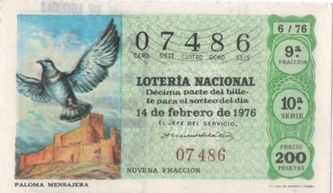 Loteria E00314: hoja nº 23. Loteria Nacional. Nº 07486, serie 10ª, fracción 9ª, precio 200 pesetas, sorteo 6/76 del 14 de Febrero de 1976. Paloma Mensajera