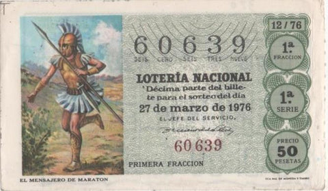 Loteria E00320: hoja nº 23. Loteria Nacional. Nº 60639, serie 1ª, fracción 1ª, precio 50 pesetas, sorteo 12/76 del 27 de Marzo de 1976. El Mensajero de Maratón