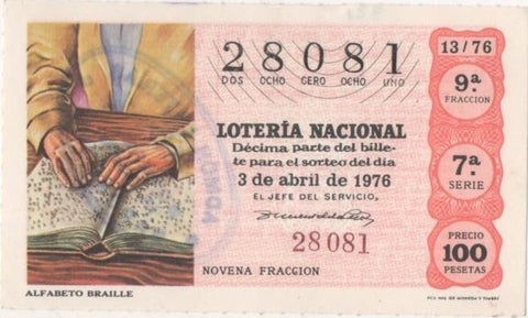 Loteria E00321: hoja nº 23. Loteria Nacional. Nº 28081, serie 7ª, fracción 9ª, precio 100 pesetas, sorteo 13/76 del 3 de Abril de 1976. Alfabeto braile