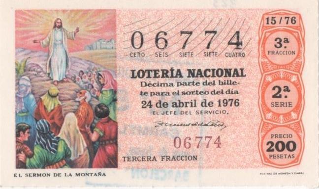 Loteria E00323: hoja nº 23. Loteria Nacional. Nº 06774, serie 2ª, fracción 3ª, precio 200 pesetas, sorteo 15/76 del 24 de Abril de 1976. El Sermon de la Montaña