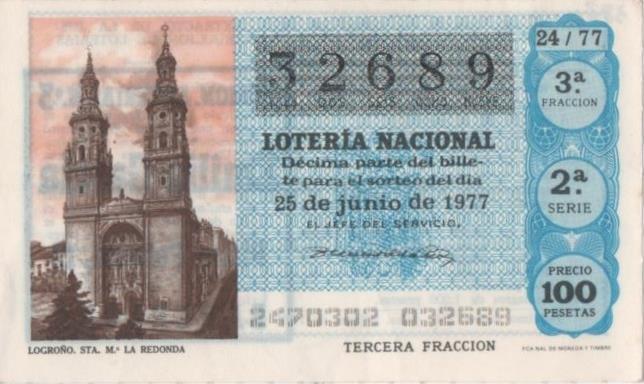 Loteria E00382: hoja nº 27. Loteria Nacional. Nº 32689, serie 2ª, fracción 3ª, precio 100 pesetas, sorteo 24/77 del 25 de Junio de 1977. Logroño. Sta Mª la Redonda