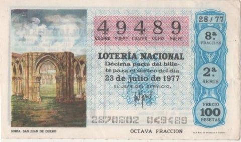 Loteria E00386: hoja nº 27. Loteria Nacional. Nº 49489, serie 2ª, fracción 8ª, precio 100 pesetas, sorteo 28/77 del 23 de Julio de 1977. Soria. San Juan de Duero