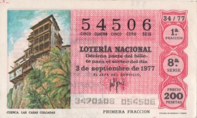 Loteria E00392: hoja nº 28. Loteria Nacional. Nº 54506, serie 8ª, fracción 1ª, precio 200 pesetas, sorteo 34/77 del 3 de Septiembre de 1977.Cuenca. Las casas colgadas