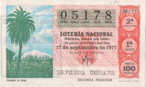 Loteria E00394: hoja nº 28. Loteria Nacional. Nº 05178, serie 1ª, fracción 2ª, precio 100 pesetas, sorteo 36/77 del 17 de Septiembre de 1977. Tenerife. El Teide