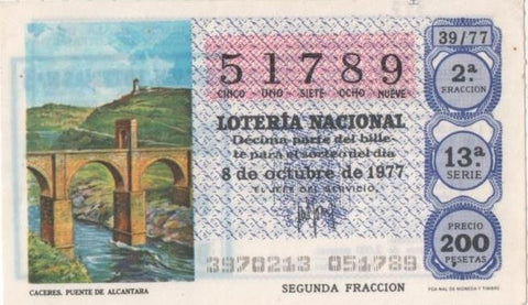 Loteria E00397: hoja nº 28. Loteria Nacional. Nº 51789, serie 13ª, fracción 2ª, precio 200 pesetas, sorteo 39/77 del 8 de octubre de 1977. Caceres. Puente de Alcantara