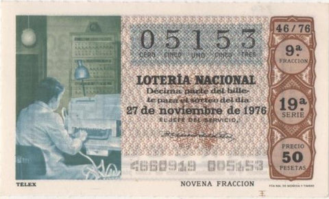 Loteria E00354: hoja nº 25. Loteria Nacional. Nº 05153, serie 19ª, fracción 9ª, precio 50 pesetas, sorteo 46/76 del 27 de Noviembre de 1976. Telex