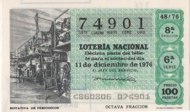 Loteria E00356: hoja nº 25. Loteria Nacional. Nº 74901, serie 6ª, fracción 8ª, precio 100 pesetas, sorteo 48/76 del 11 de Diciembre de 1976, Rotativa de periodicos