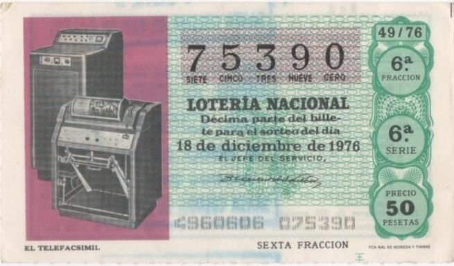 Loteria E00357: hoja nº 25. Loteria Nacional. Nº 75390, serie 6ª, fracción 6ª, precio 50 pesetas, sorteo 49/76 del 18 de Diciembre de 1976. El Telefacsimil