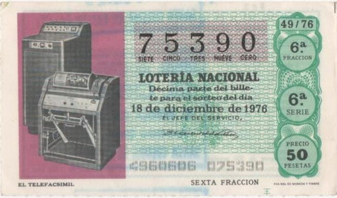 Loteria E00357: hoja nº 25. Loteria Nacional. Nº 75390, serie 6ª, fracción 6ª, precio 50 pesetas, sorteo 49/76 del 18 de Diciembre de 1976. El Telefacsimil